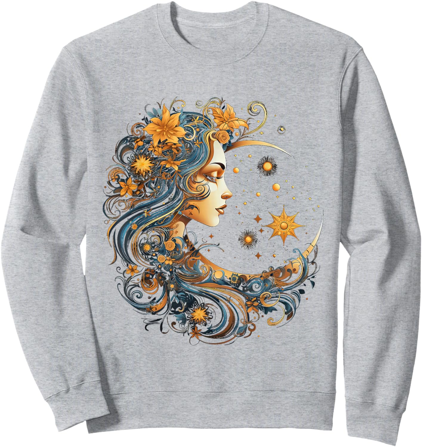 Mystical Sun and Moon with Woman Mystical Flowers Aesthetic Sweatshirt - Sweatshirt | Ash