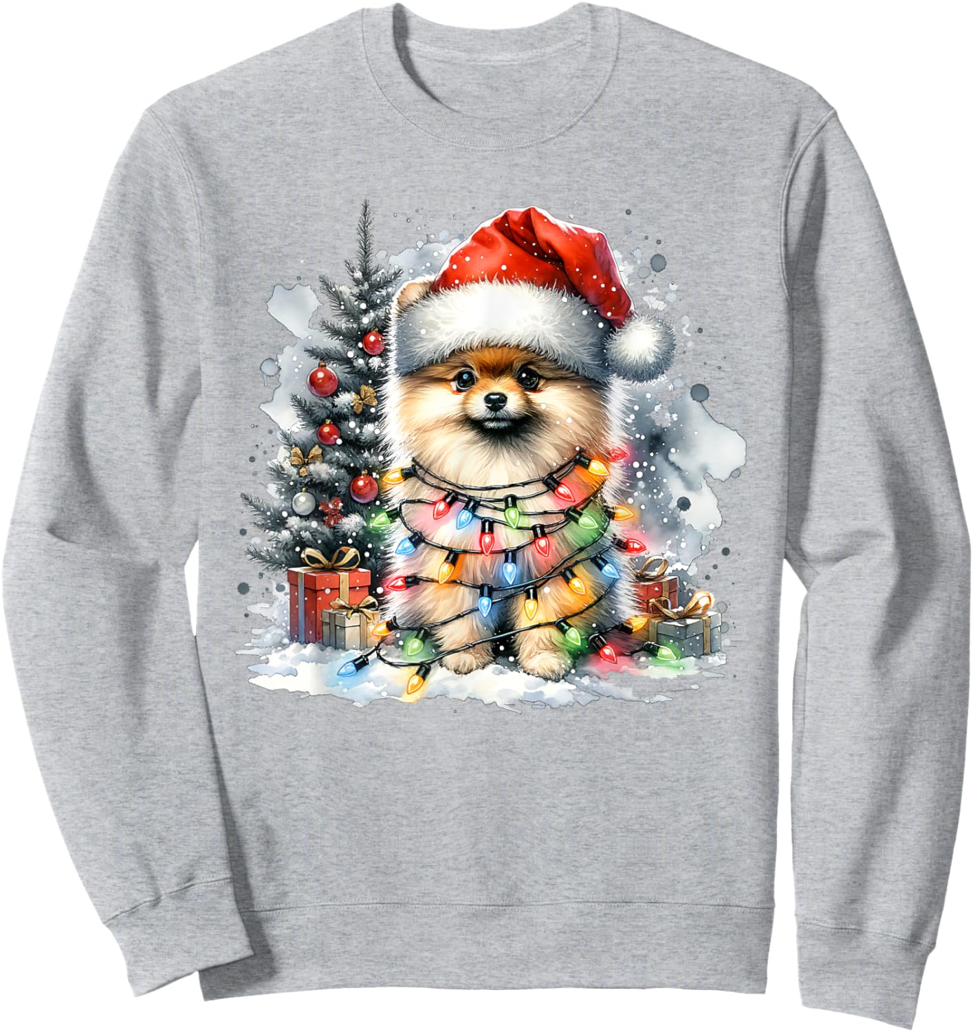 Funny Cute Santa Pomeranian Dog Tangled In Christmas Lights Sweatshirt - Sweatshirt | Ash