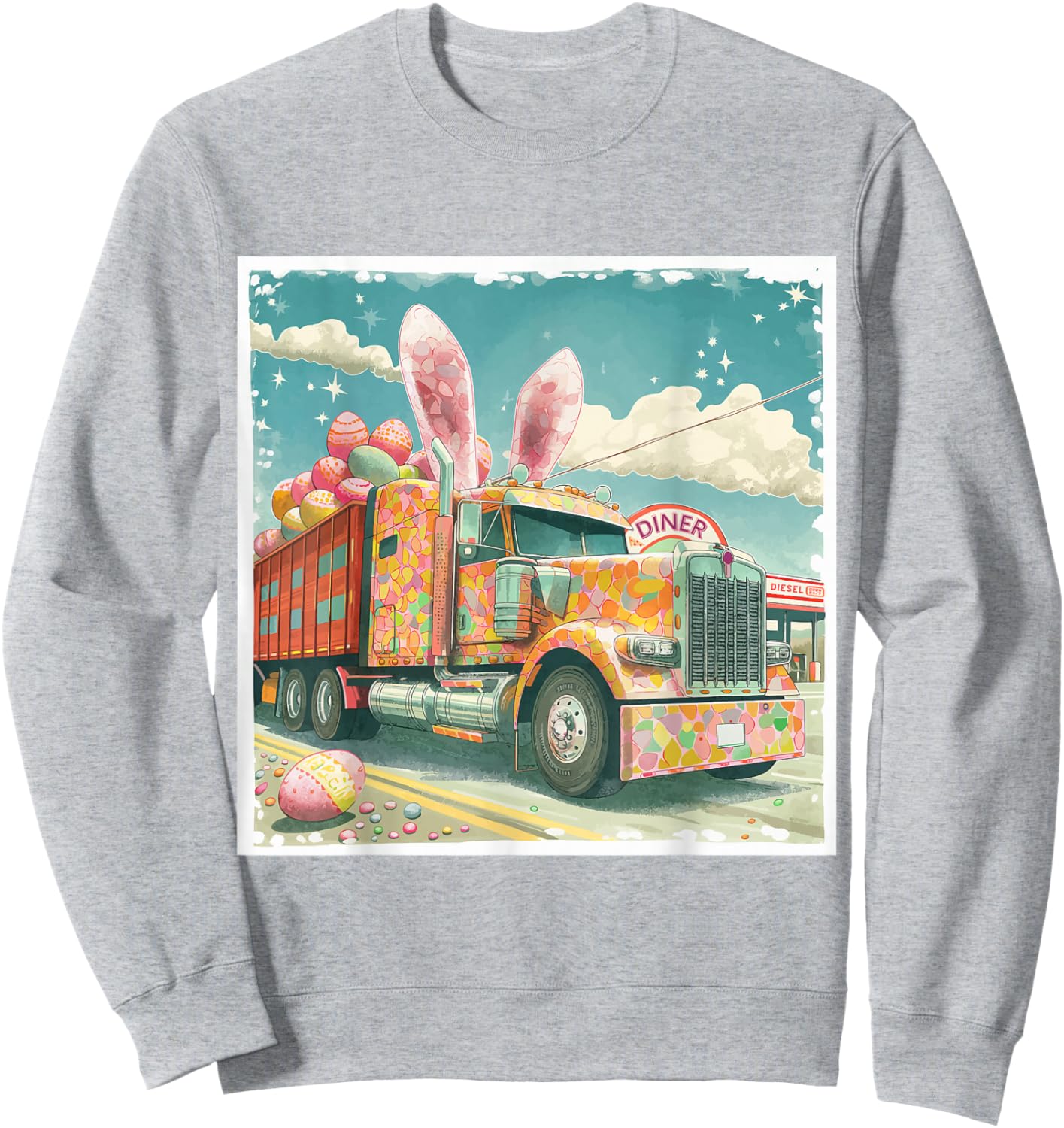 Semi Truck Lover's Easter Bunny, Retro Art Sweatshirt - Sweatshirt | Ash