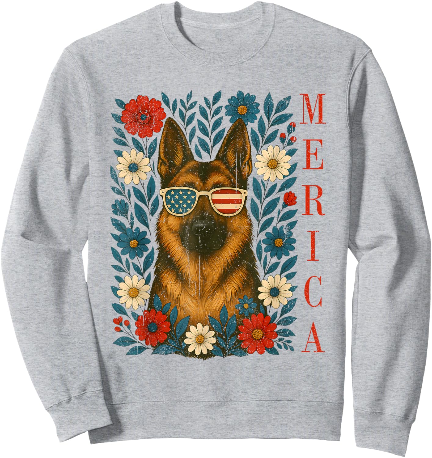 Floral Merica German Shepherd Sunglasses Patriotic USA Flag Sweatshirt - Sweatshirt | Ash