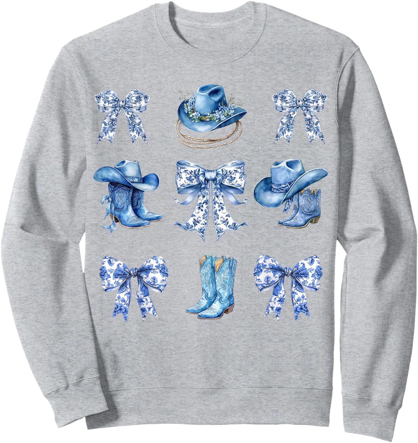 Blue Coquette Cowgirl Bows Boots Cowboy Hat Western Sweatshirt - Sweatshirt | Ash