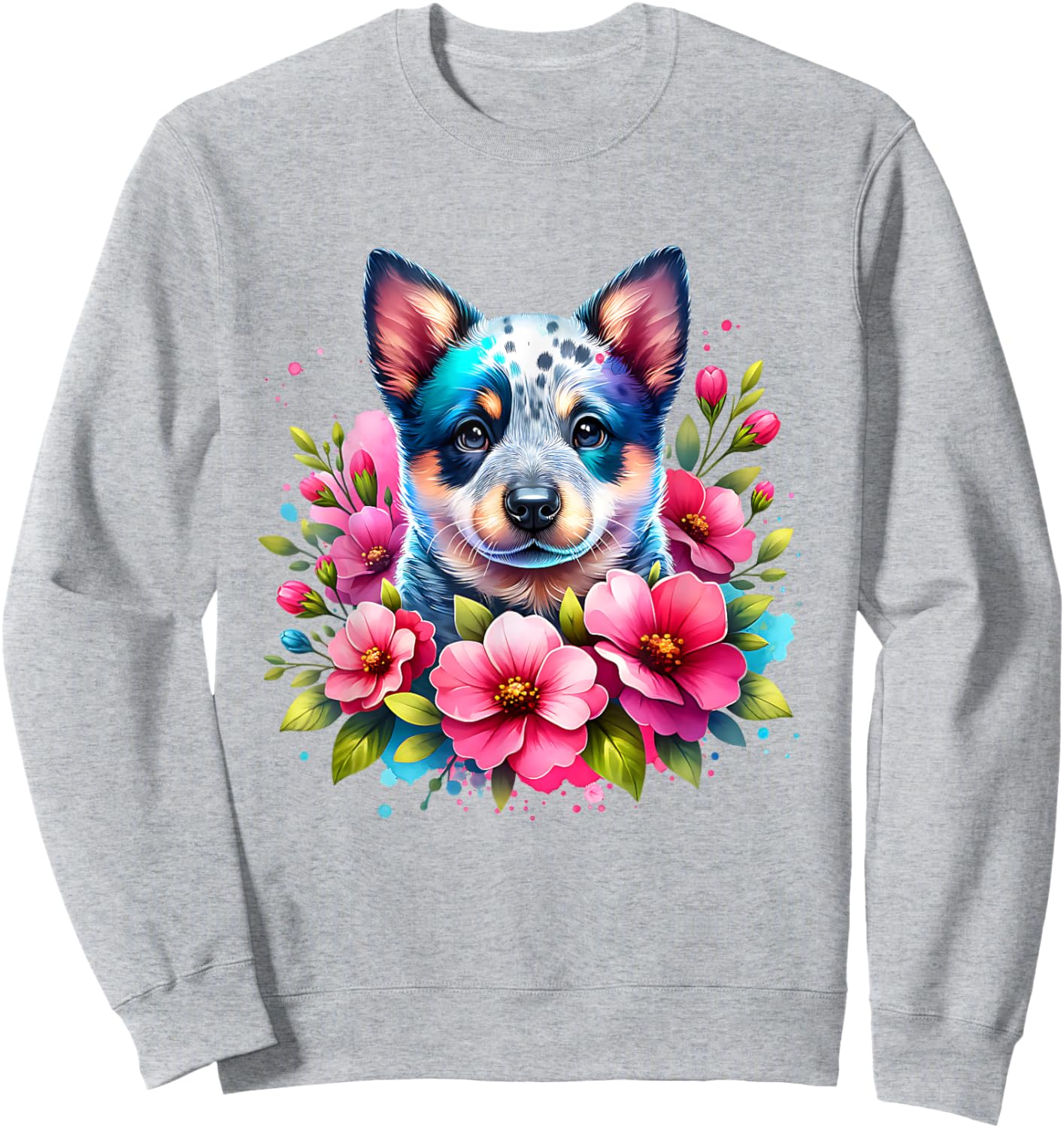 Watercolor Blue Heeler Mom Pink Flower Australian Cattle Dog Sweatshirt - Sweatshirt | Ash