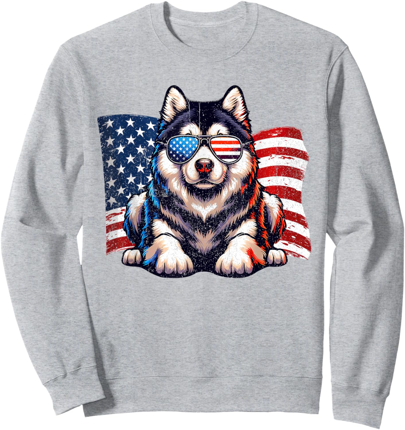 Vintage Alaskan Malamute American Flag Sunglasses Patriotic Sweatshirt - Sweatshirt | Ash
