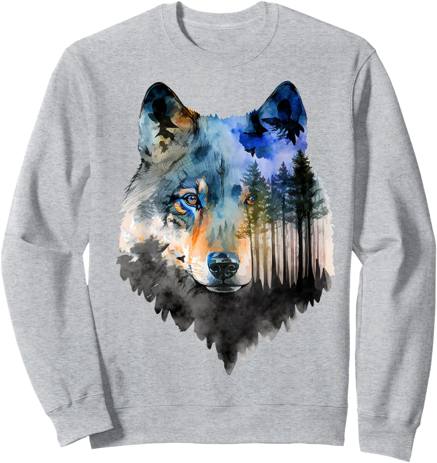 Wolf Forest Landscape Animal Face Art Animal Lover Wolf Sweatshirt - Sweatshirt | Ash