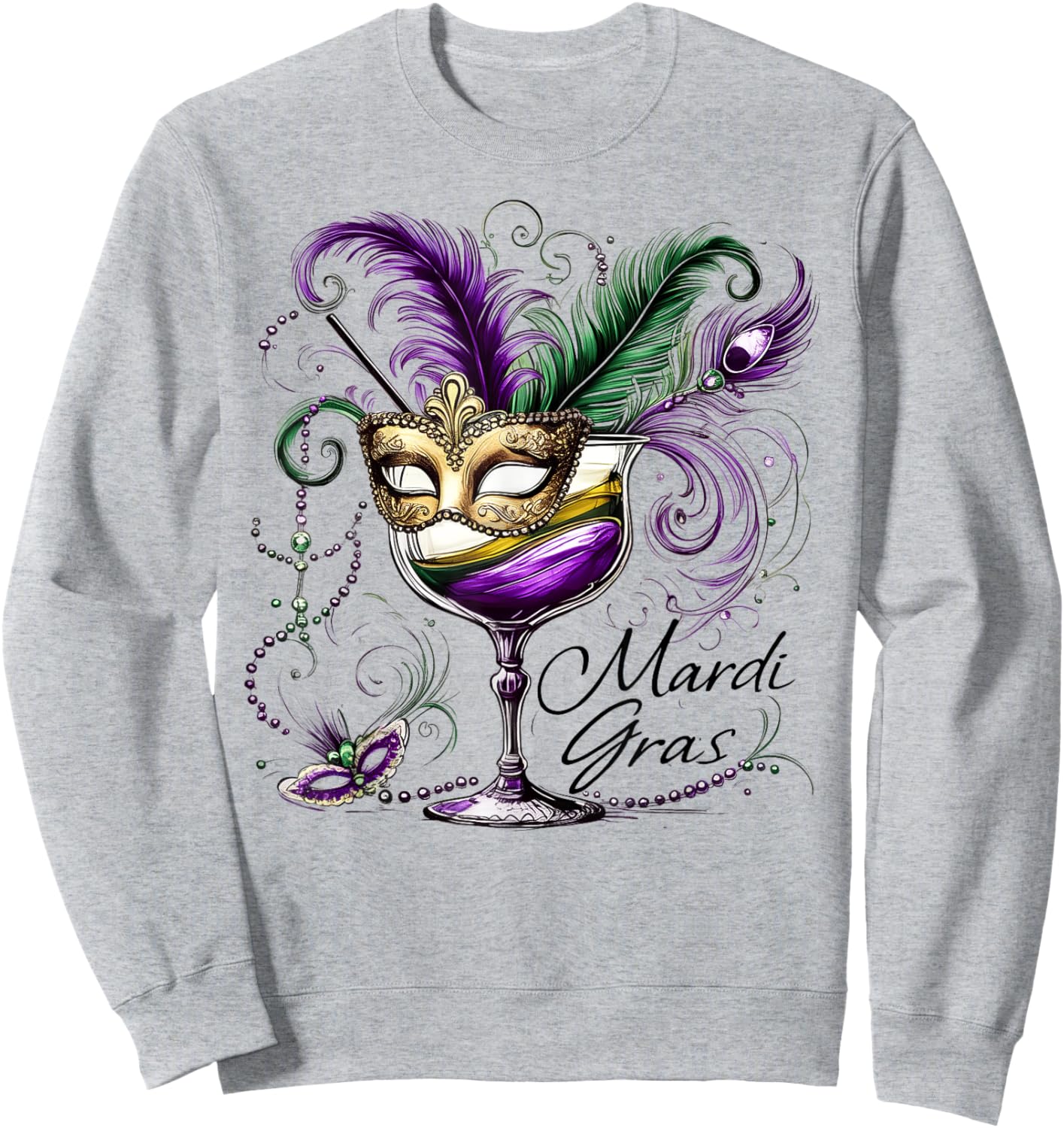 Mardi Gras Glass Of Wine Drinking Team Masked Wine Festival Sweatshirt - Sweatshirt | Ash