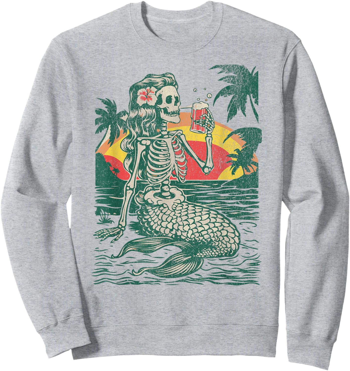 Skeleton Mermaid Drinking at Sunset Retro Sweatshirt - Sweatshirt | Ash