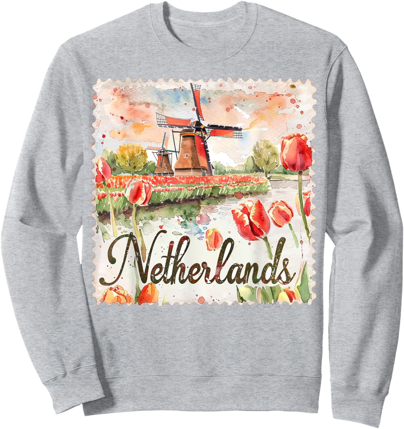 Netherlands Watercolor Windmill Tulips Travel Souvenir Sweatshirt - Sweatshirt | Ash