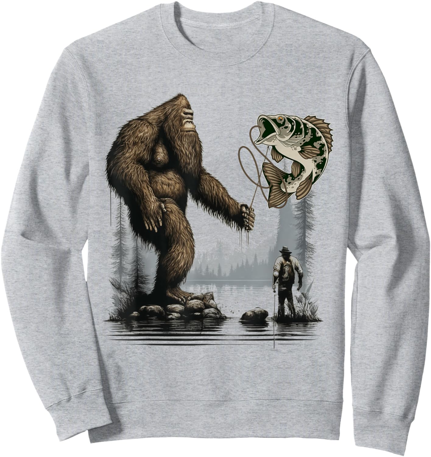 Bigfoot Fishing Funny Sasquatch Fish Sweatshirt - Sweatshirt | Ash
