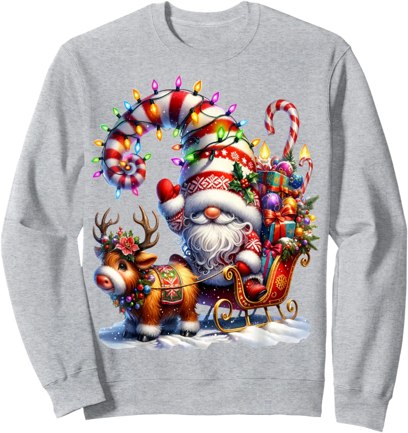 Christmas Light Gnome Santa Claus Riding Sleigh Highland Cow Sweatshirt - Sweatshirt | Ash