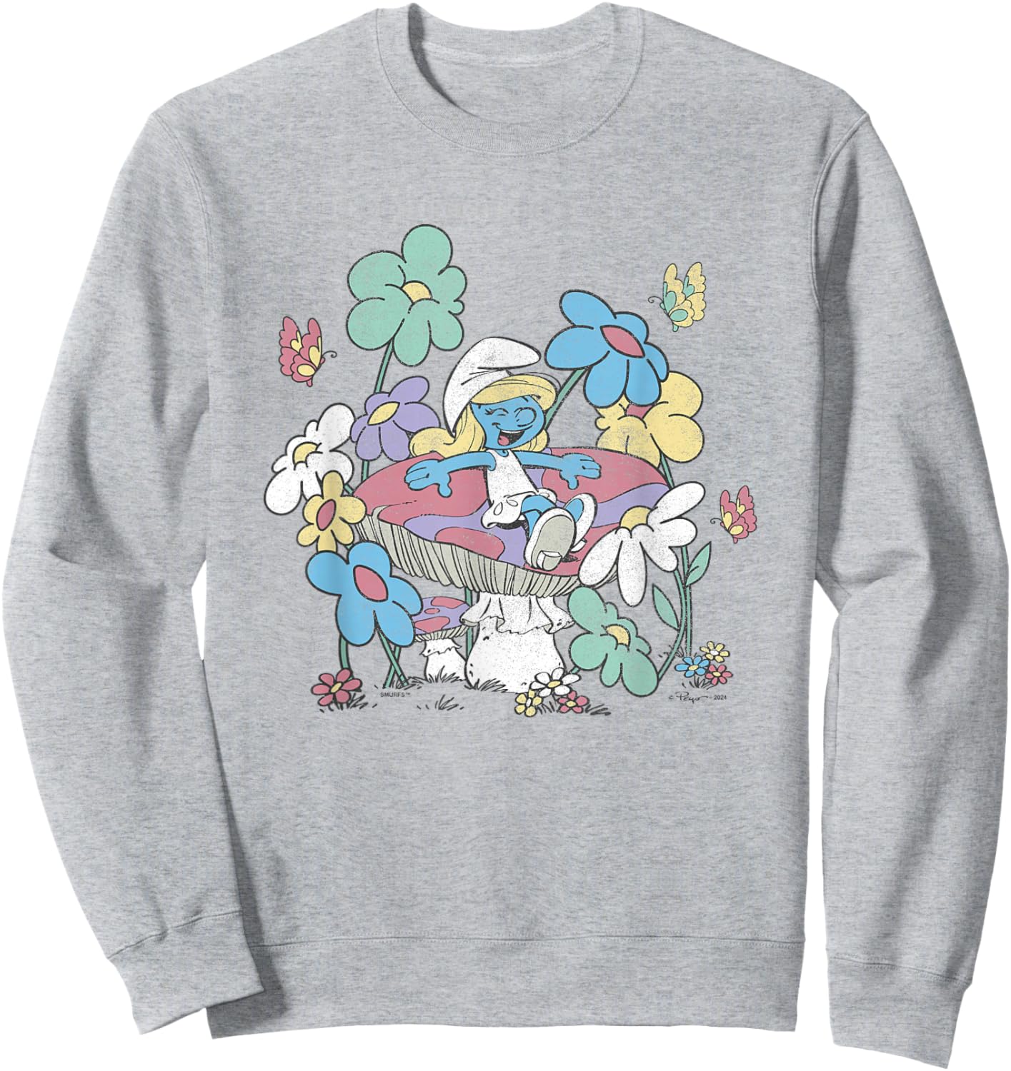 The Smurfs Smurfette Having Fun In Nature Distressed Sweatshirt - Sweatshirt | Ash
