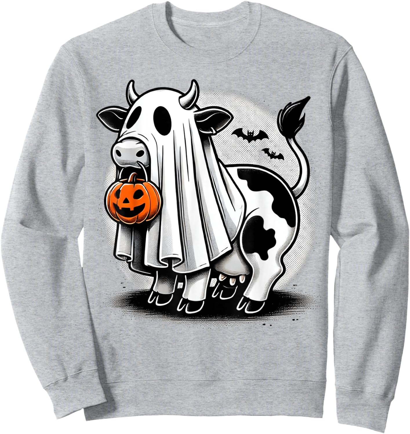 Awesome Moo Halloween Cow Wearing Ghost Costume With Pumpkin Sweatshirt - Sweatshirt | Ash