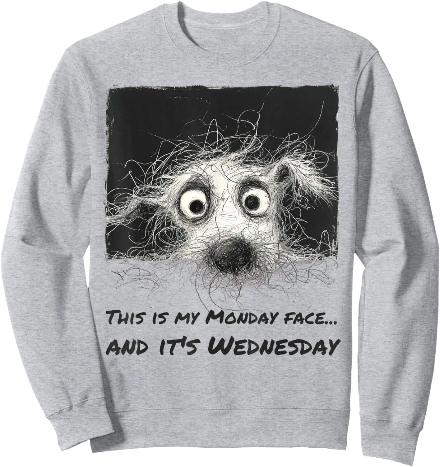 Monday Mood on Wednesday - Humorous Dog with Fluffy Hair Men Women Sweatshirt - Sweatshirt | Ash