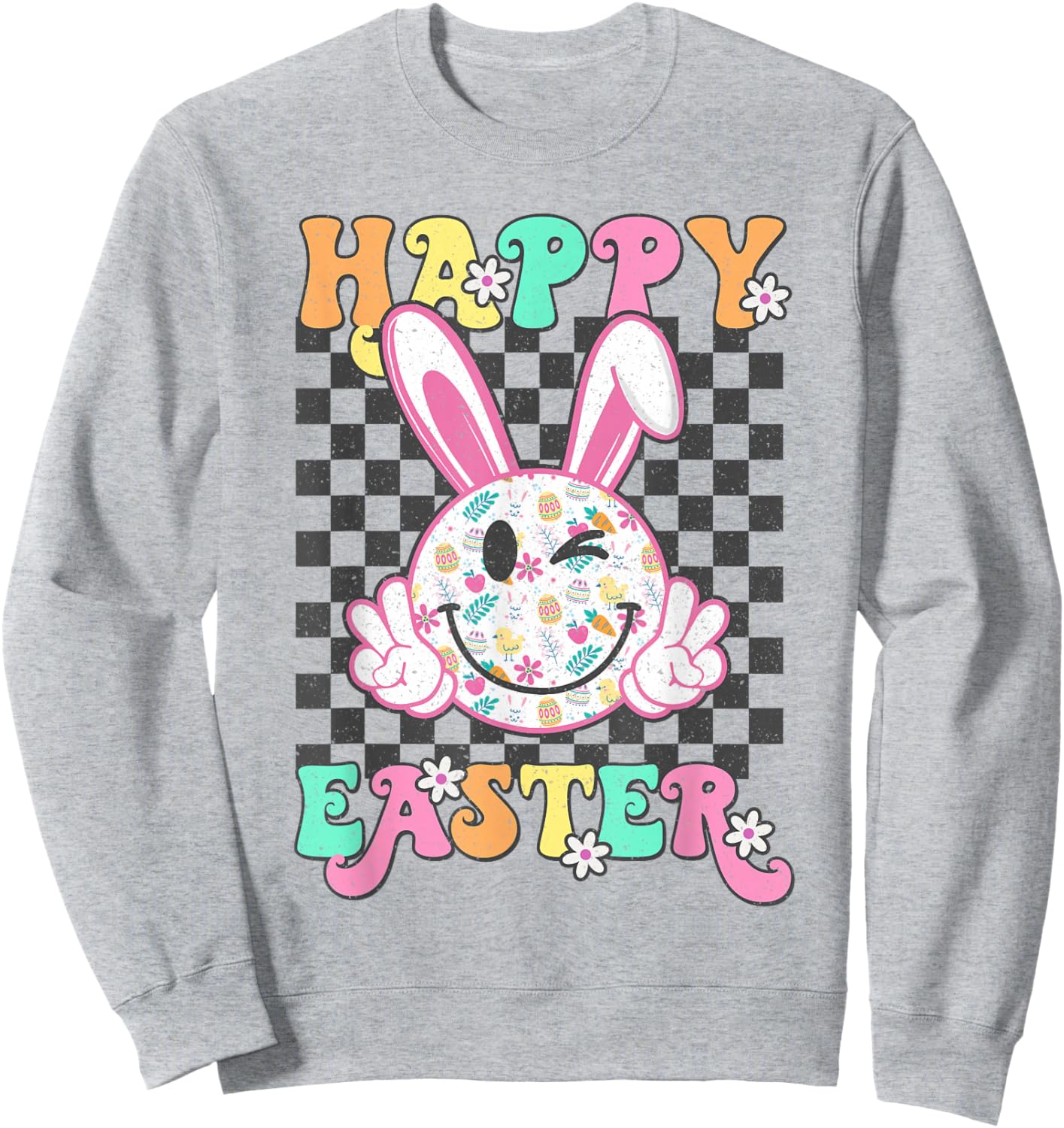 Retro Groovy Happy Easter Bunny Checkered Smile Girls Sweatshirt - Sweatshirt | Ash