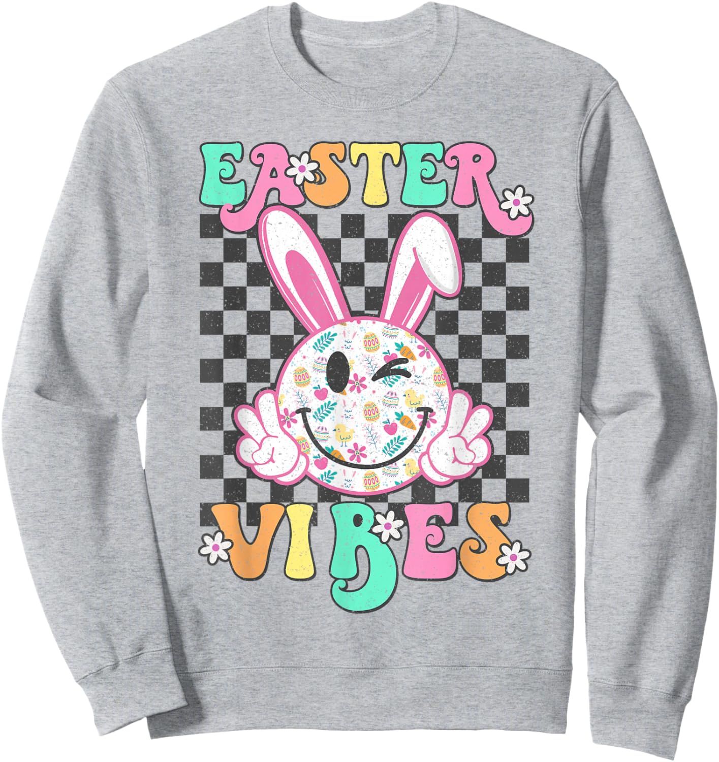 Retro Groovy Easter Vibes Bunny Checkered Smile Girls Sweatshirt - Sweatshirt | Ash