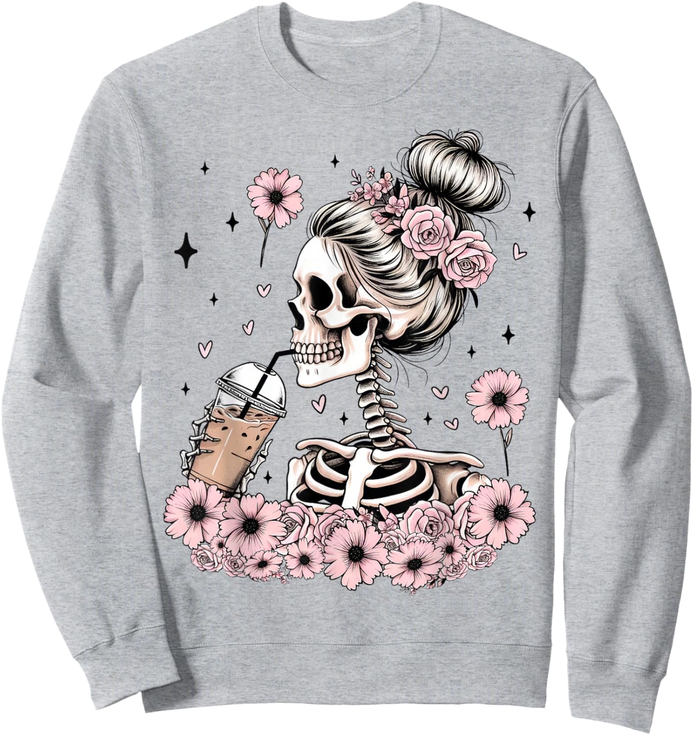 Skeleton Messy Bun Funny Costume Mom Women Halloween Sweatshirt - Sweatshirt | Ash