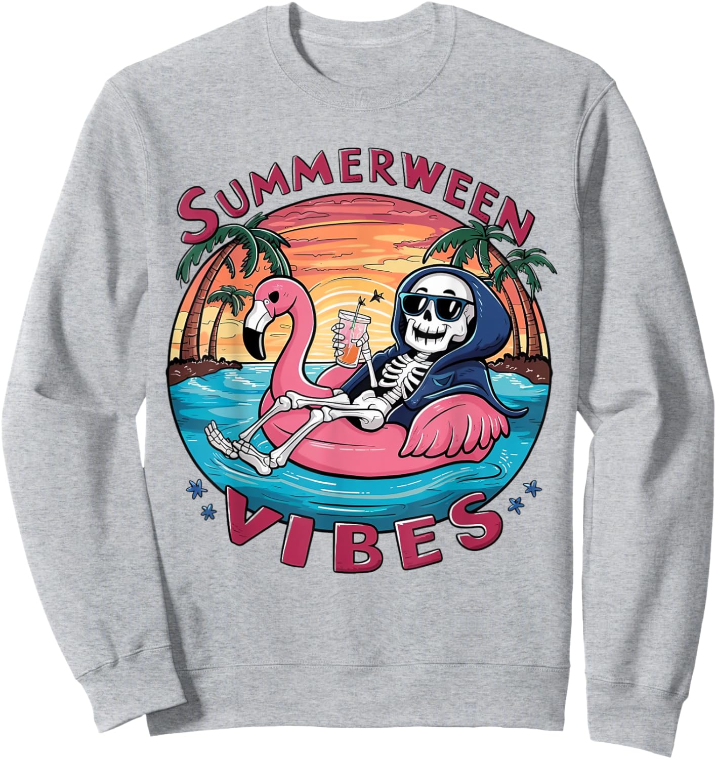 Summerween Vibes Halloween Summer Fun Flamingo Skeleton Sweatshirt - Sweatshirt | Ash