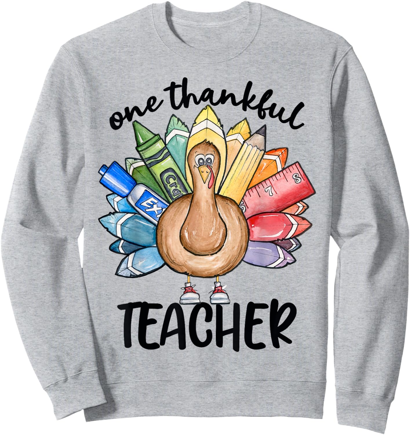 One Thankful Teacher Thanksgiving Turkey, Cute Crayon Pencil Women Sweatshirt - Sweatshirt | Ash