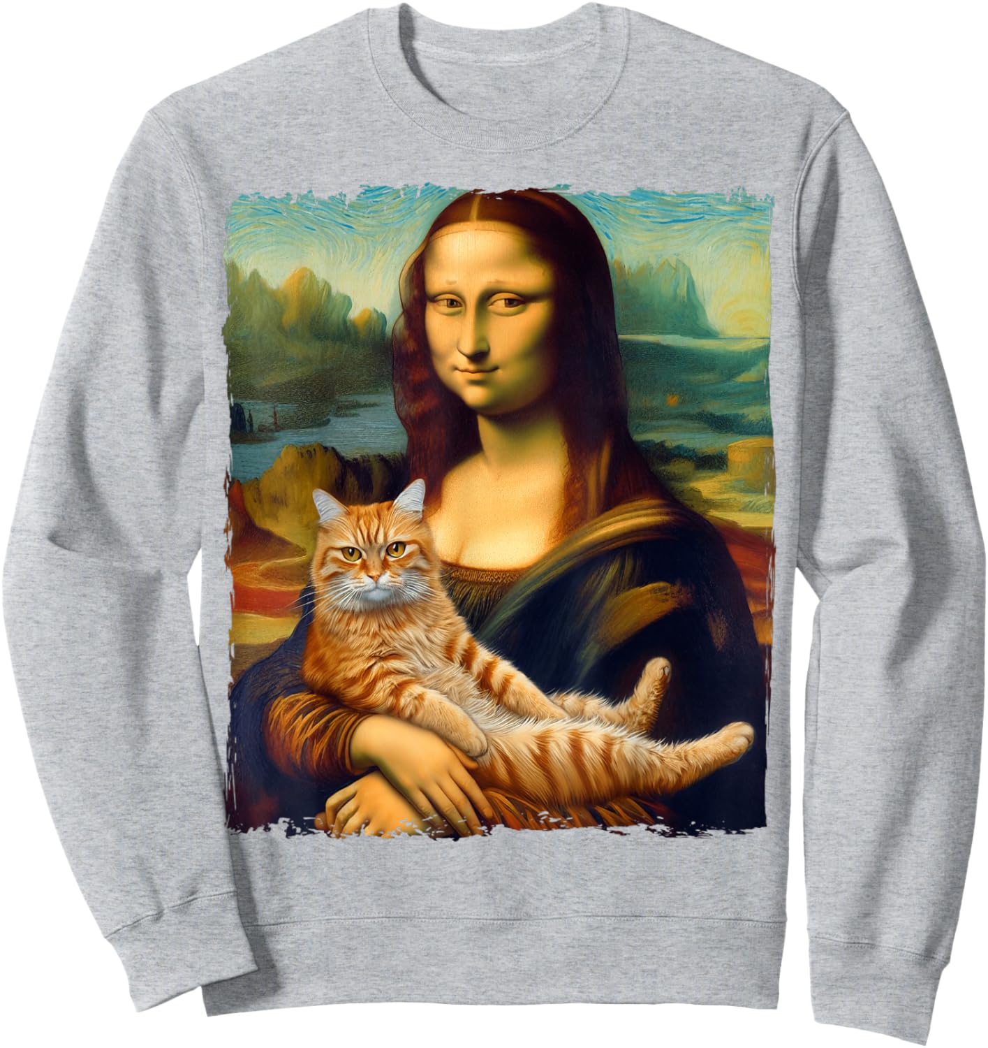 Mona Lisa Holding Cat Portrait Art Painting Kitty Cat Mom Sweatshirt - Sweatshirt | Ash