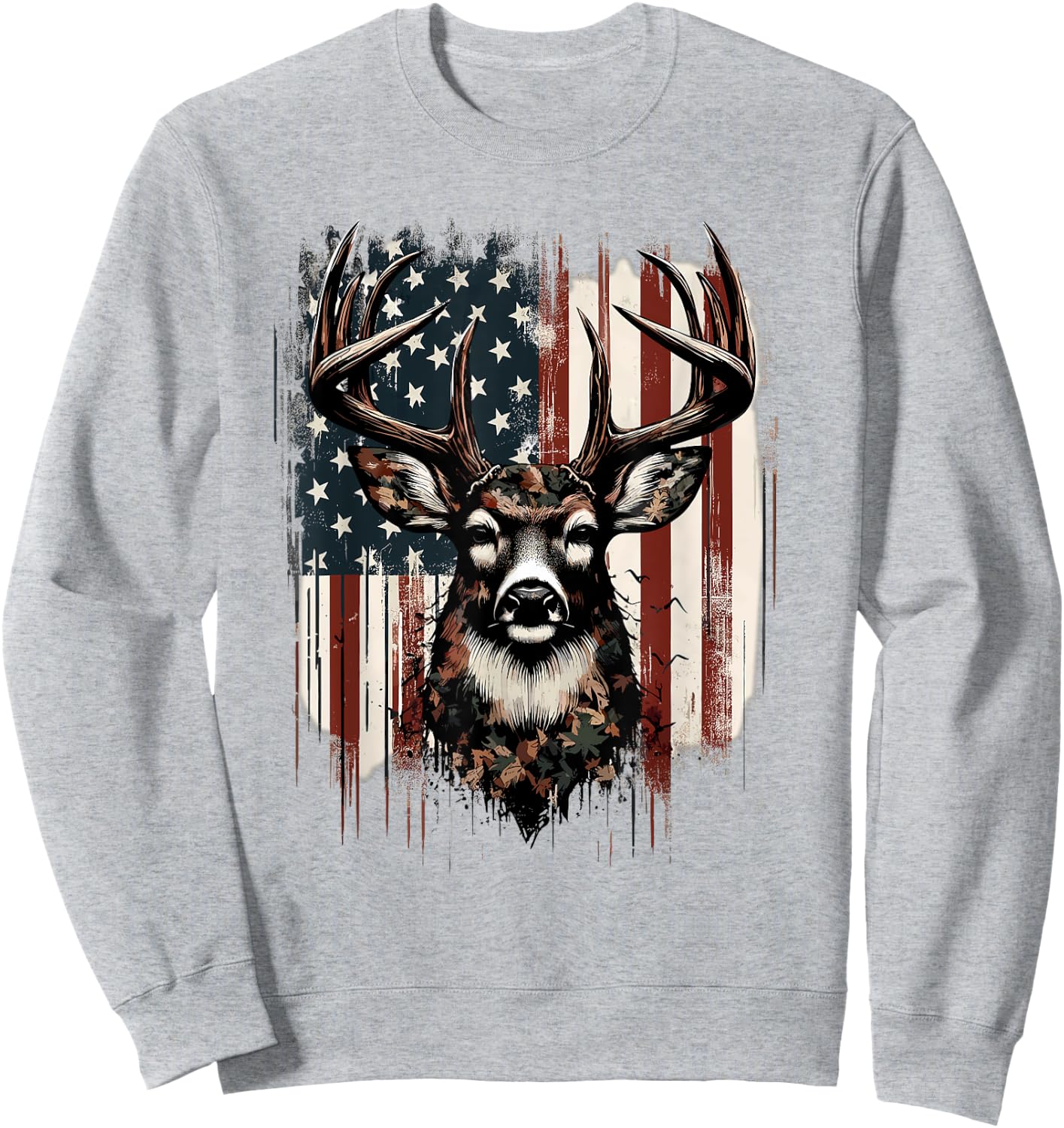 Deer Hunting American Flag Whitetail Buck Antlers Sweatshirt - Sweatshirt | Ash