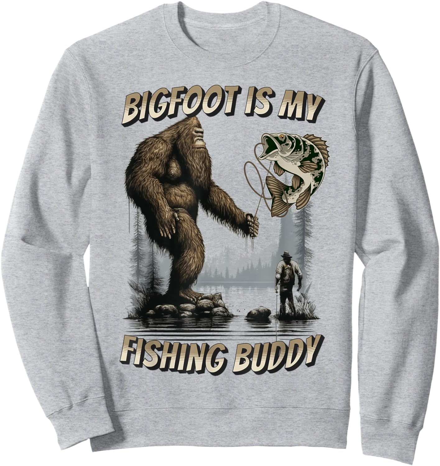 Bigfoot Style Bigfoot Fishing Funny Sasquatch Fish - -Adults, Kids - Blue - Short Sleeve - Small - Classic Fit - Cotton 100% Sweatshirt - Sweatshirt | Ash