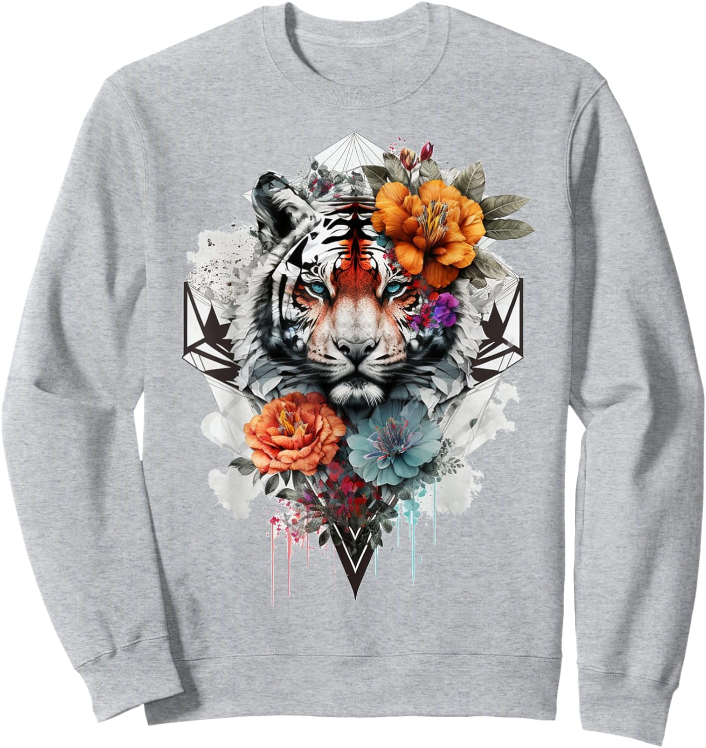 Tiger Flowers Blue Eyes Animal Print Art Tiger Sweatshirt - Sweatshirt | Ash