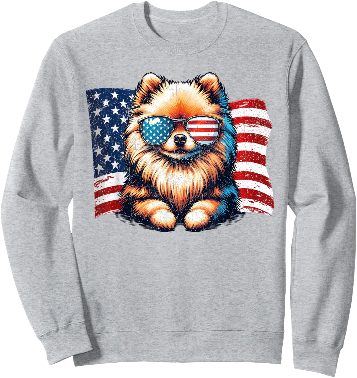Vintage Pomeranian Dogs American Flag Sunglasses Patriotic Sweatshirt - Sweatshirt | Ash