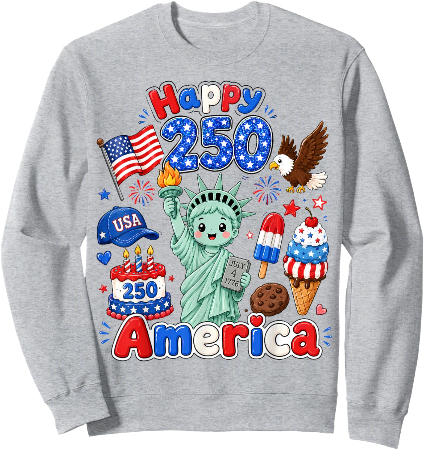 Boy Kids 4th of July Happy 250 America 1776-2026 Patriotic Sweatshirt - Sweatshirt | Ash