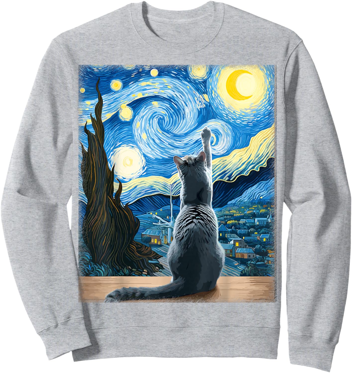 Van Gogh Starry Night Style Artistic Russian Blue Cat Sweatshirt - Sweatshirt | Ash