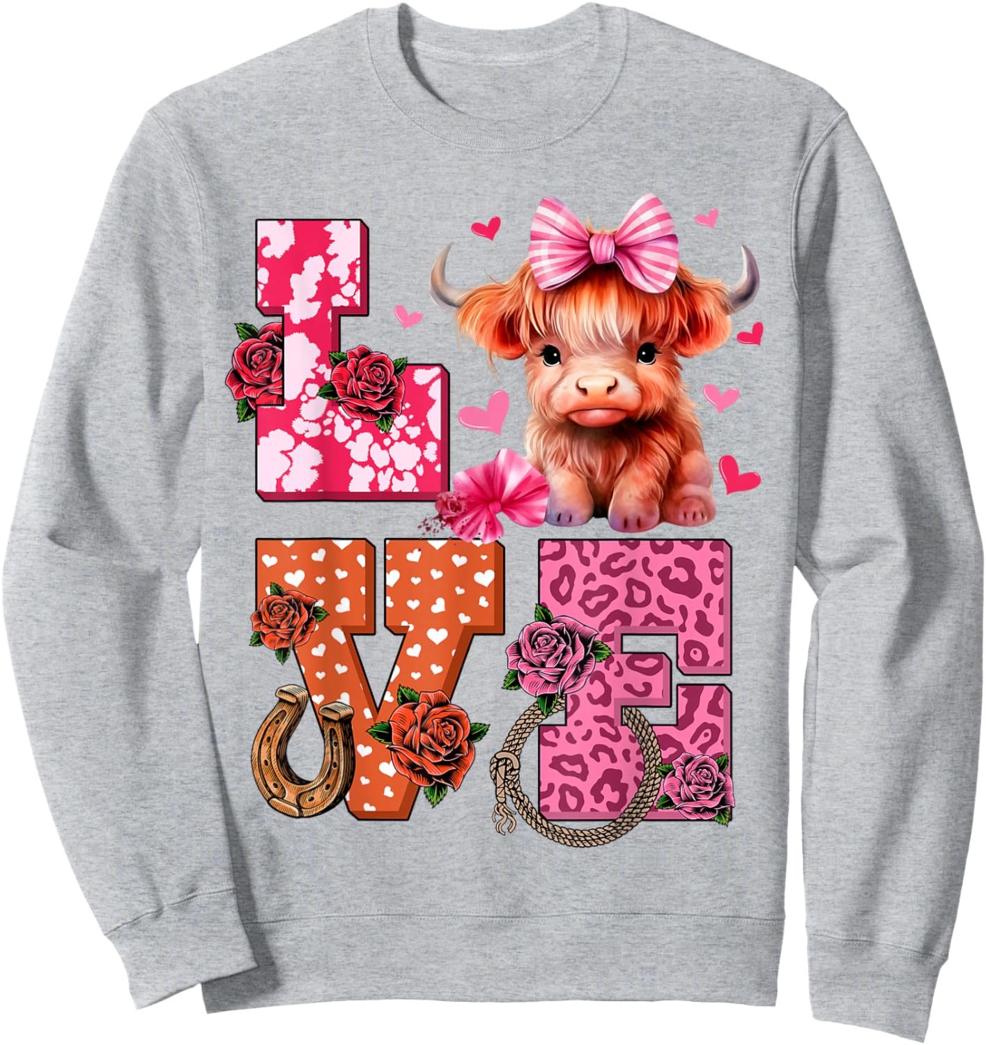 Cute Highland Cow And Pink Heart Valentines Day Love Leopard Sweatshirt - Sweatshirt | Ash