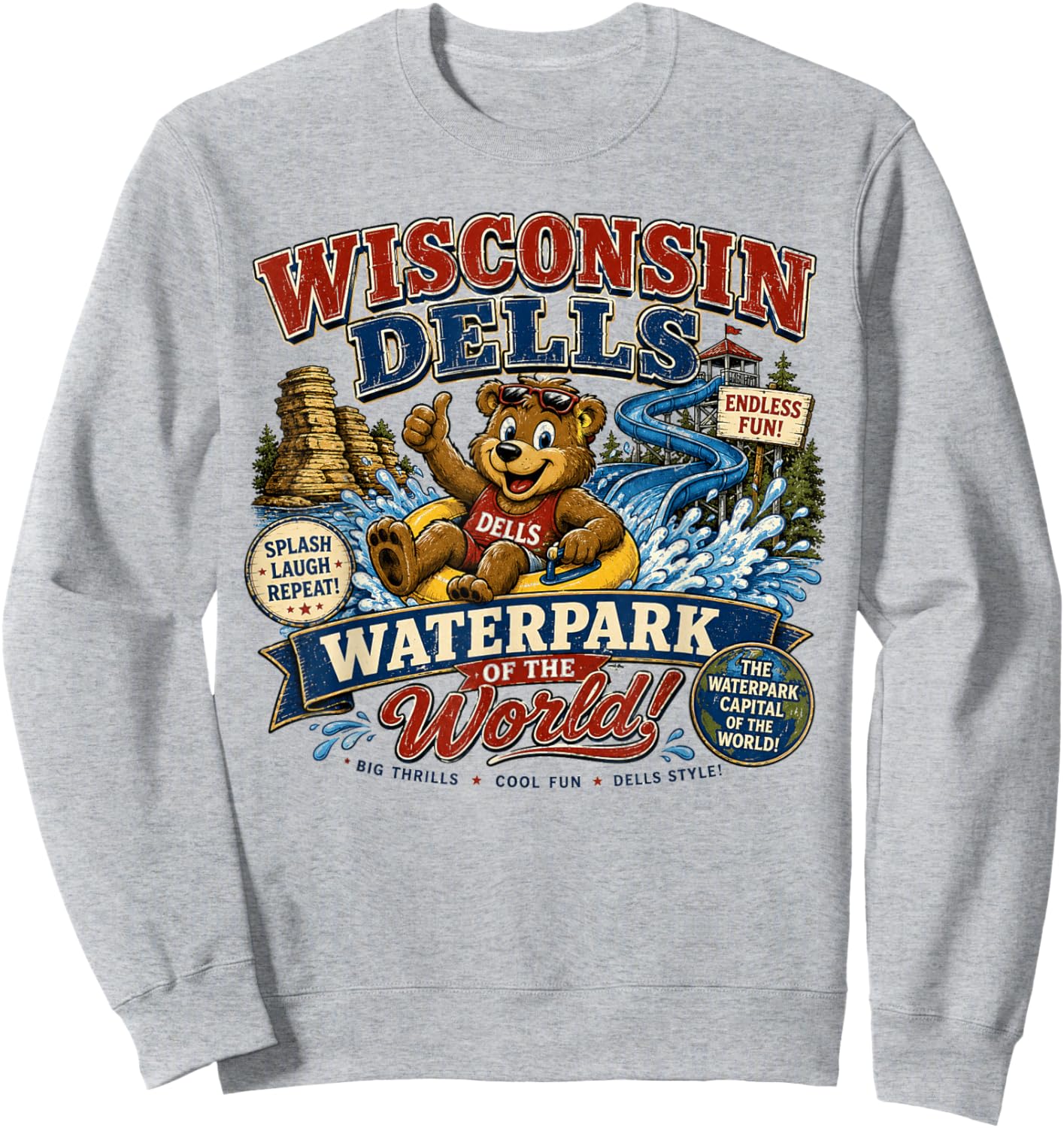 Wisconsin Dells Waterpark Capital - Vintage Bear Waterslide Sweatshirt - Sweatshirt | Ash