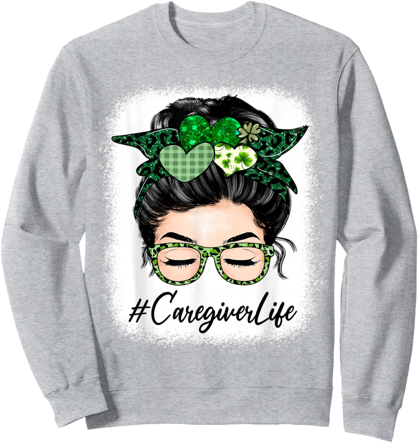 Caregiver Women Messy Bun St Patrick's Day Shamrock Sweatshirt - Sweatshirt | Ash