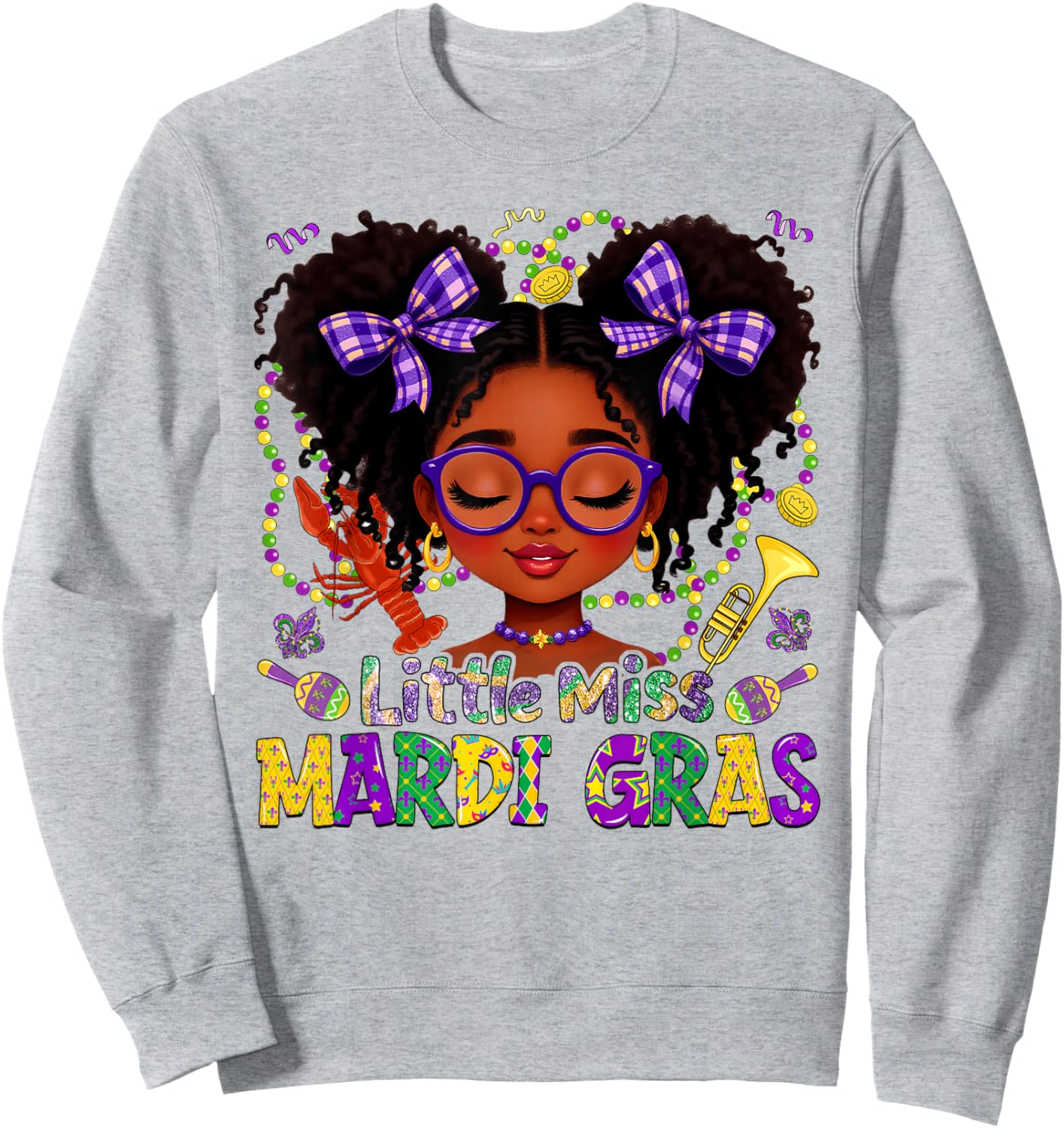 Little Miss Mardi Gras Afro Messy Bun New Orleans Girls Kids Sweatshirt - Sweatshirt | Ash
