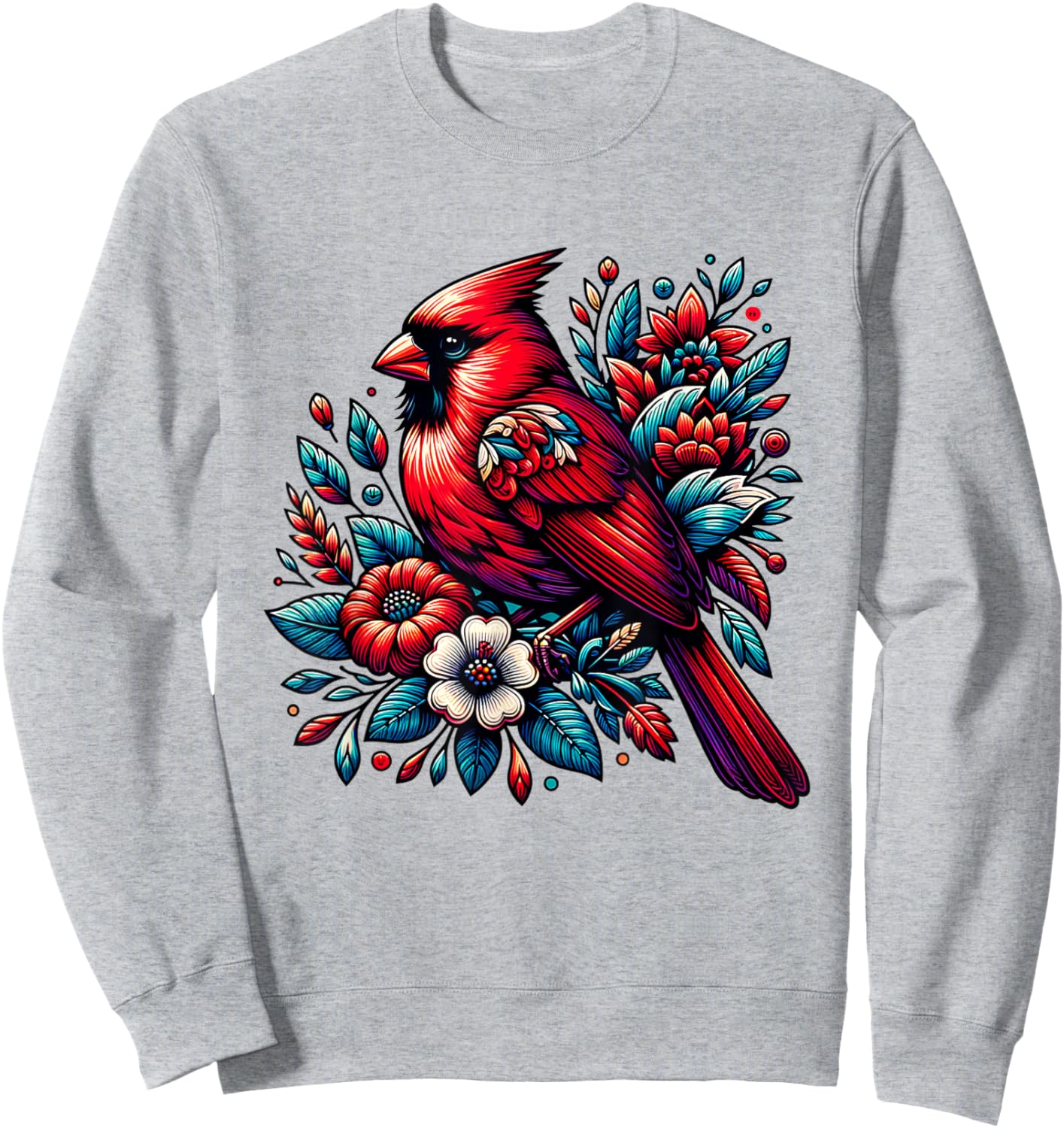 Cute Red Cardinal Bird Vintage Flowers Northern Cardinal Sweatshirt - Sweatshirt | Ash