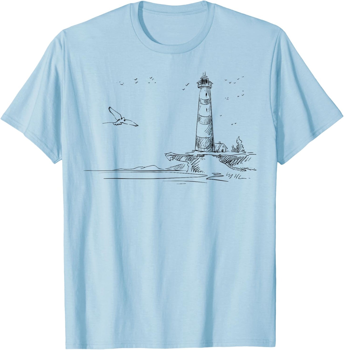 Seaside Lighthouse Nautical Sketch Art T-Shirt - T-Shirt | Light Blue