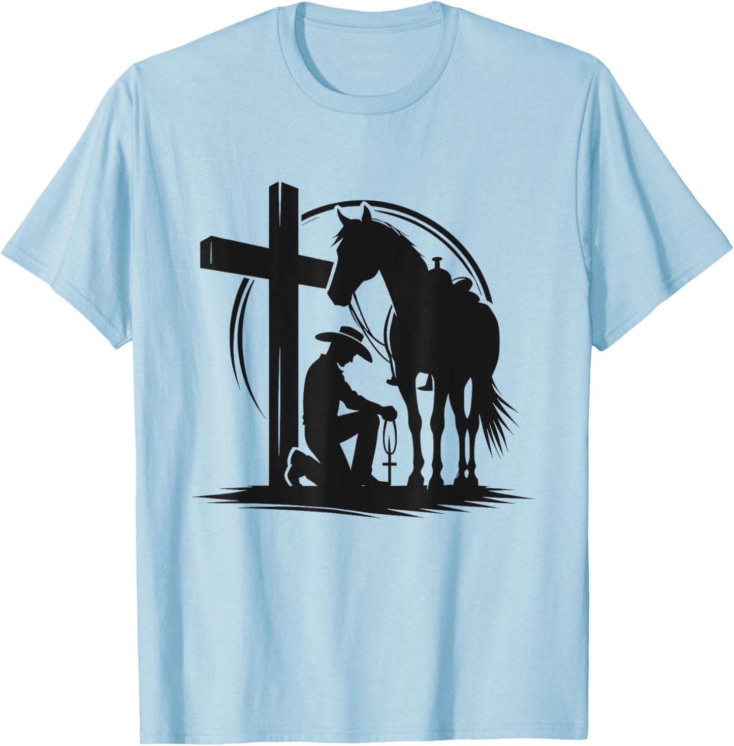 Praying Cowboy Kneeling Cross Western Bible Jesus Horse T-Shirt - T-Shirt | Light Blue
