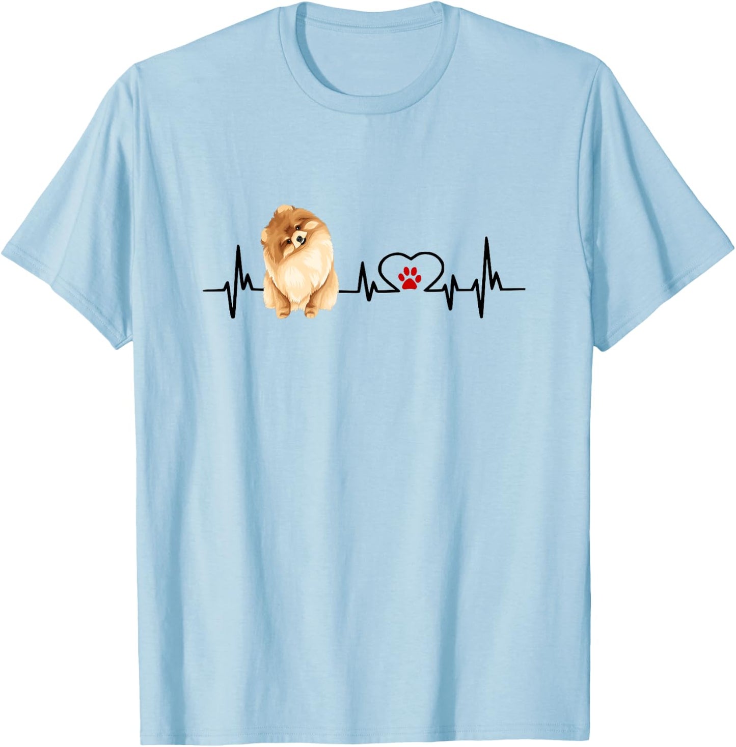 Pomeranian EKG Heartbeat Heart Line With Paw Print T-Shirt - T-Shirt | Light Blue