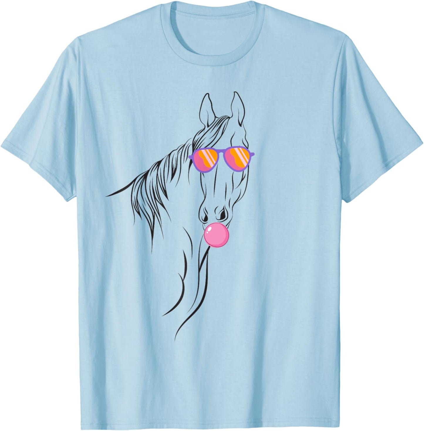 Horse with Bubble Gum and Sunglasses Funny Animal Portrait T-Shirt - T-Shirt | Light Blue