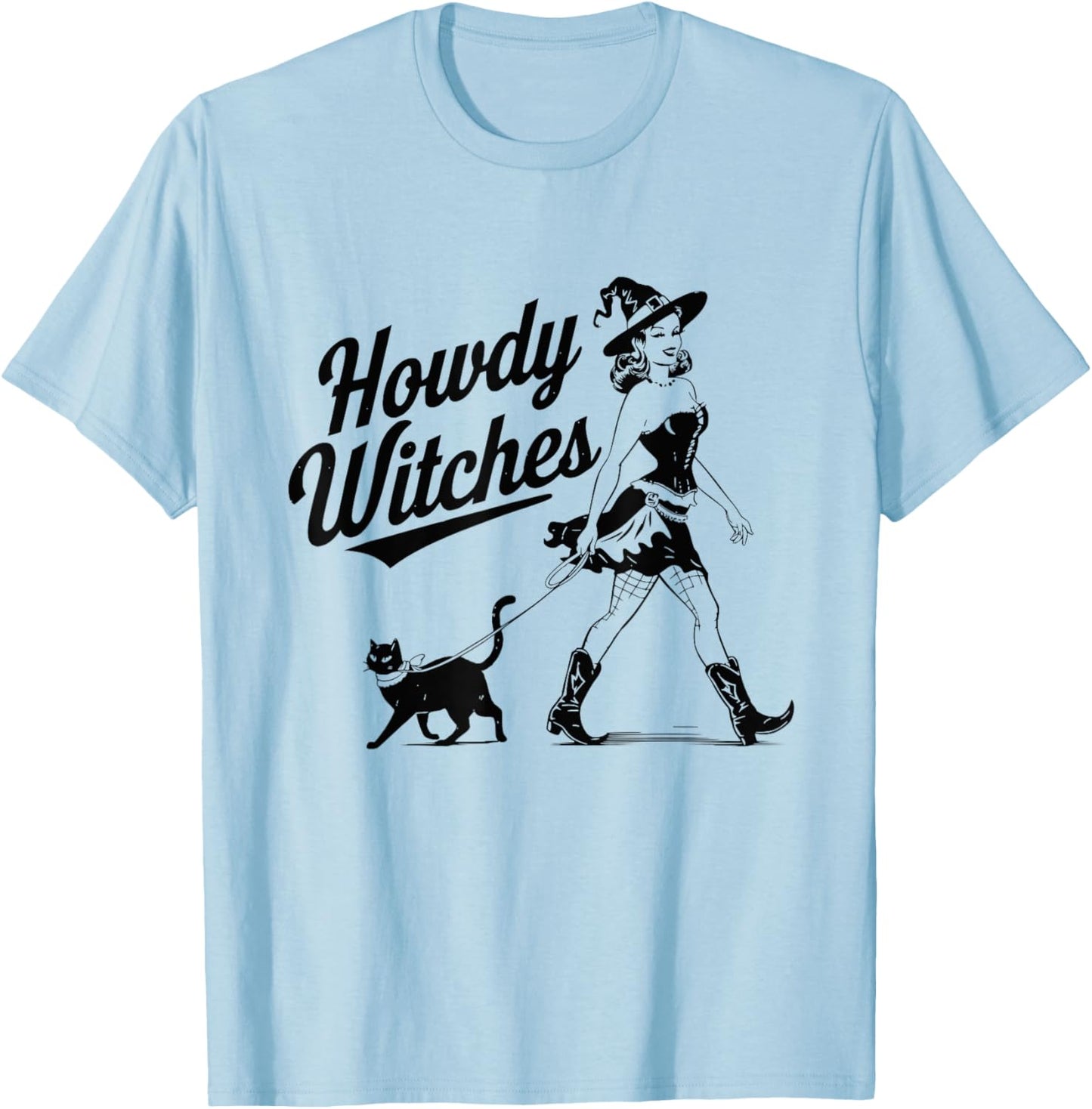 Howdy Witches Witch Hat Cat Halloween T-Shirt - T-Shirt | Light Blue