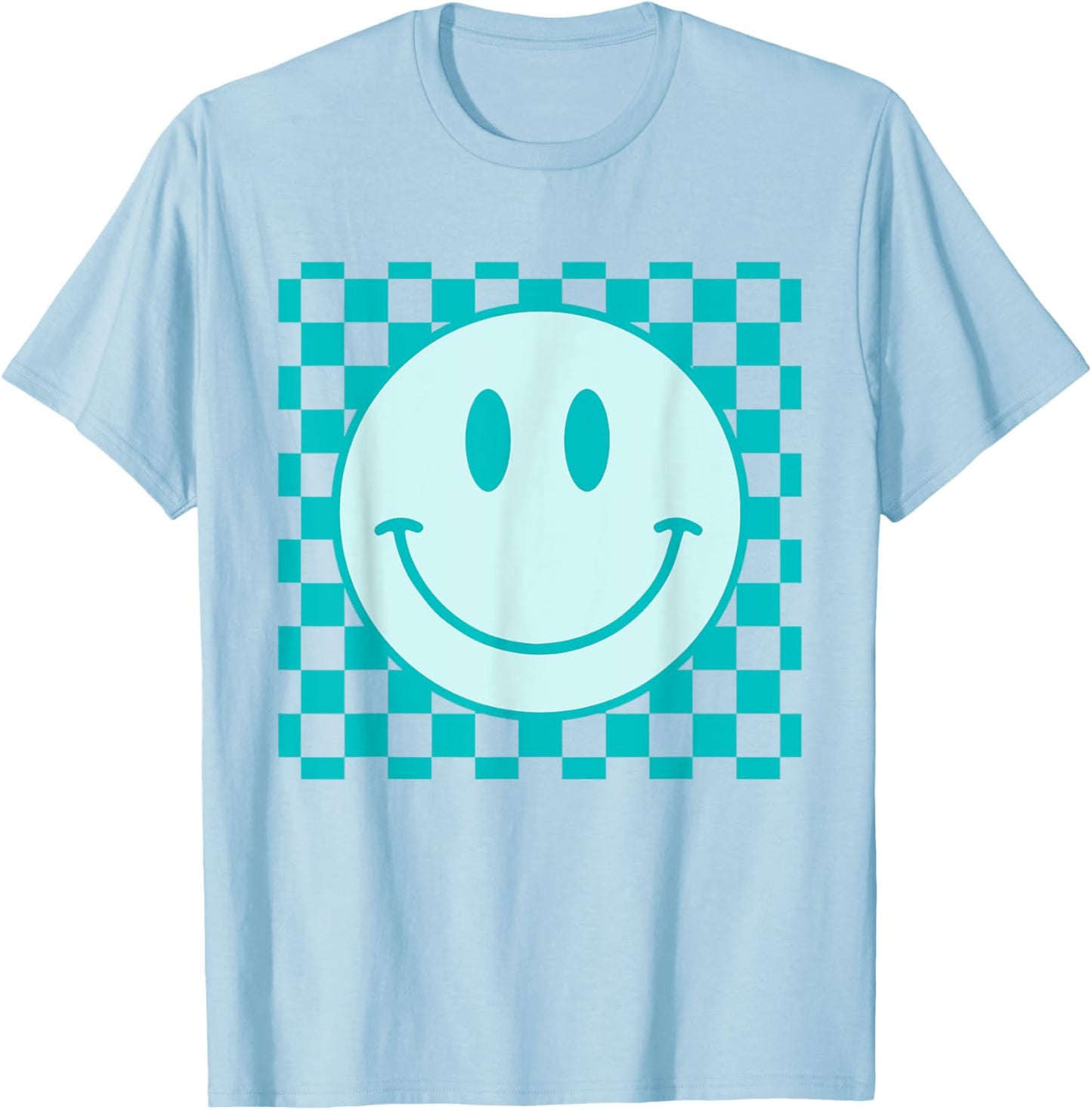 Retro Happy Face Shirt Checkered Pattern Smile Face Trendy T-Shirt - T-Shirt | Light Blue
