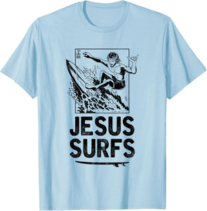 Jesus Surfs Funny Jesus Christian Surfer T-Shirt - T-Shirt | Light Blue