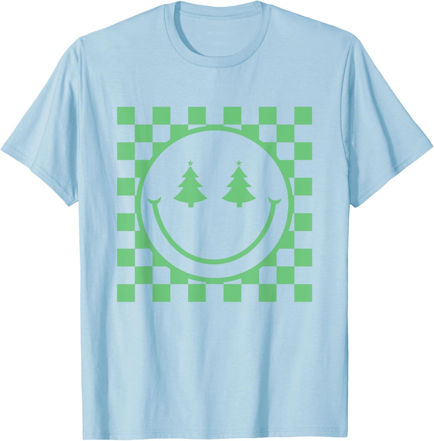 Retro Christmas Smile Face Shirt Checkered Pattern Winter T-Shirt - T-Shirt | Light Blue