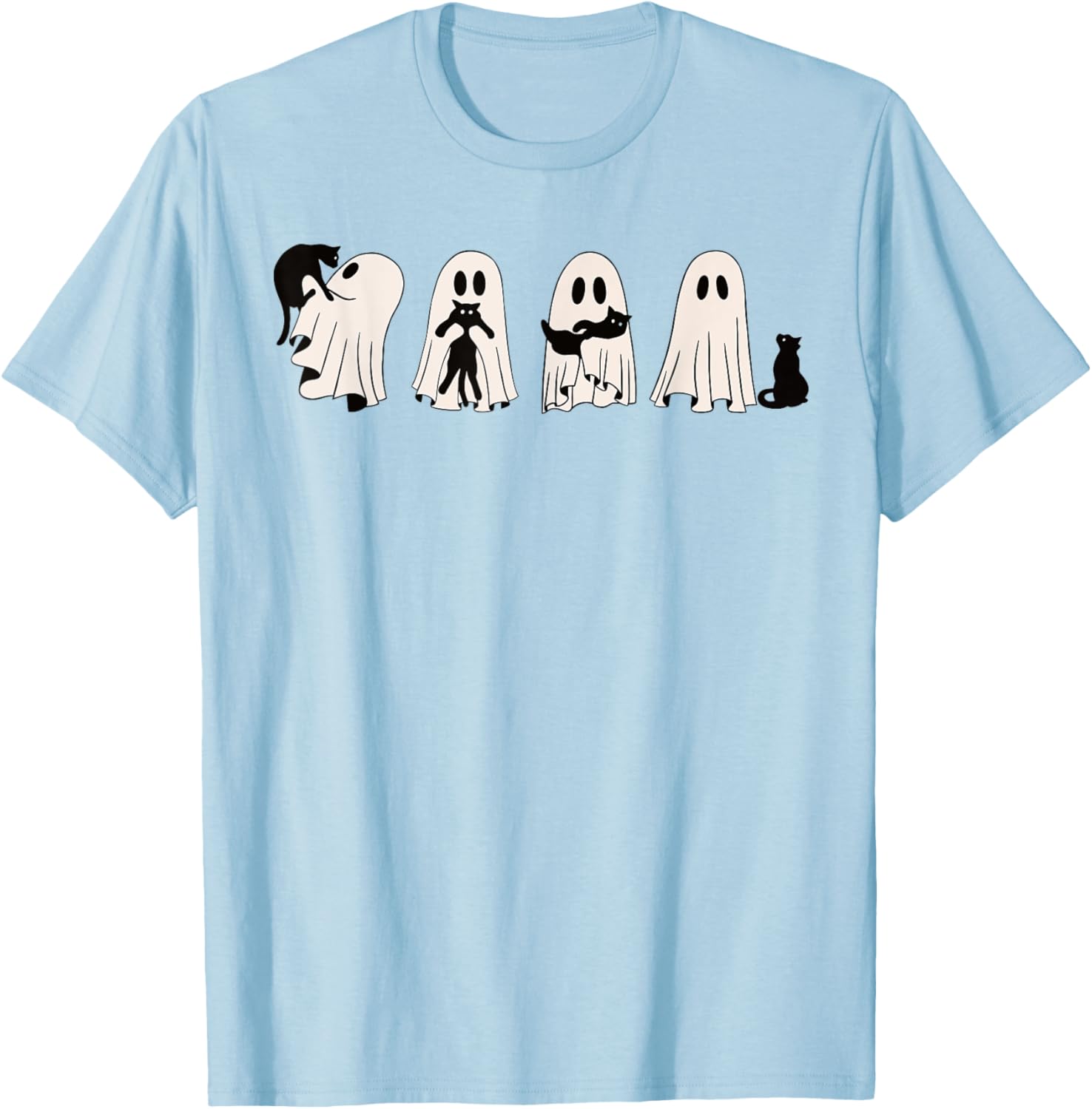 Funny Ghost Black Cat Spooky Season Trick Or Treat Halloween T-Shirt - T-Shirt | Light Blue