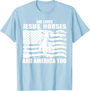 She Loves Jesus Horses And America Too Horseback Riding T-Shirt - T-Shirt | Light Blue
