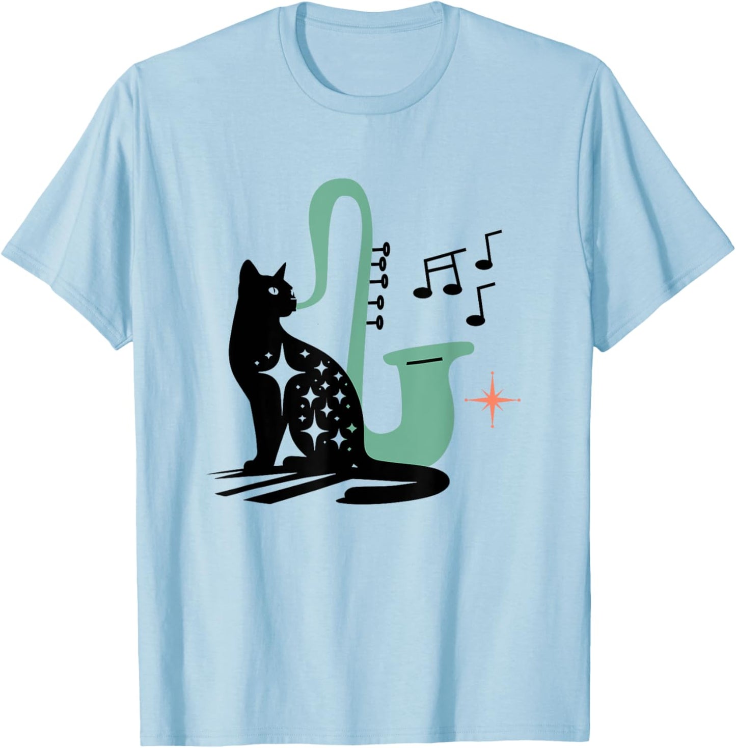 Retro Musical Cat Saxophone Midcentury Modern Mid Century T-Shirt - T-Shirt | Light Blue