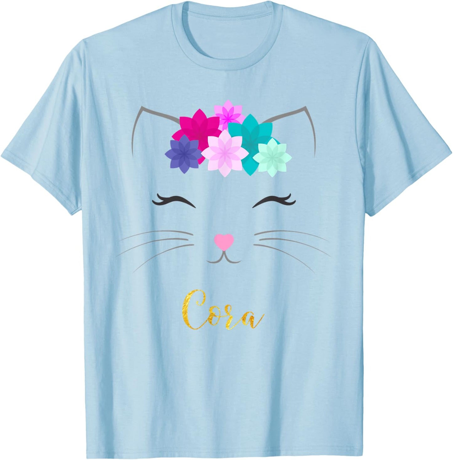 Cora Name Gift Personalized Kitty Cat Women Kids T-Shirt - T-Shirt | Light Blue