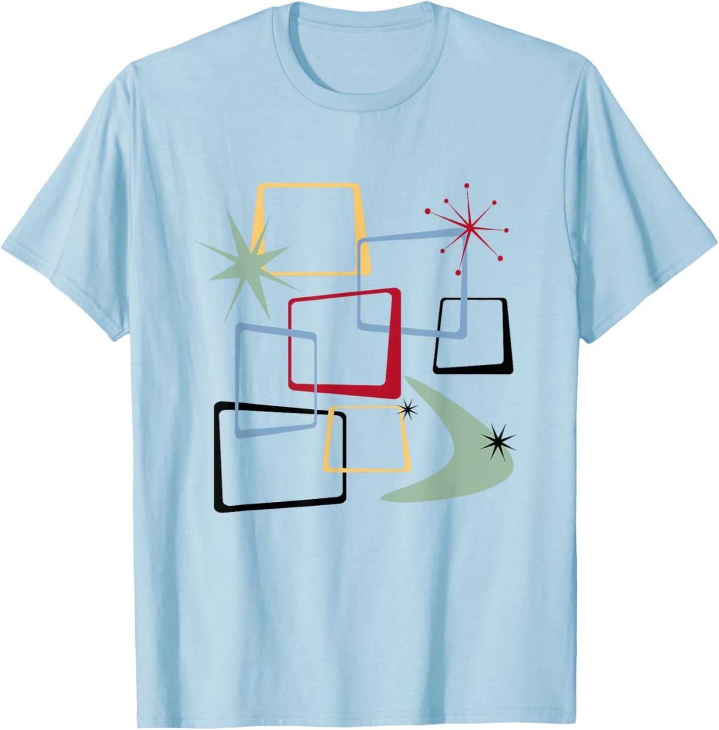 Retro Atomic Squares Stars And Boomerang Mid Century Modern T-Shirt - T-Shirt | Light Blue