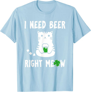 Saint Patrick's Day I Need Beer Right Meow Cat T-Shirt - T-Shirt | Light Blue