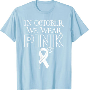 In October We Wear Pink Ribbon Breast Cancer Awareness Month T-Shirt - T-Shirt | Light Blue