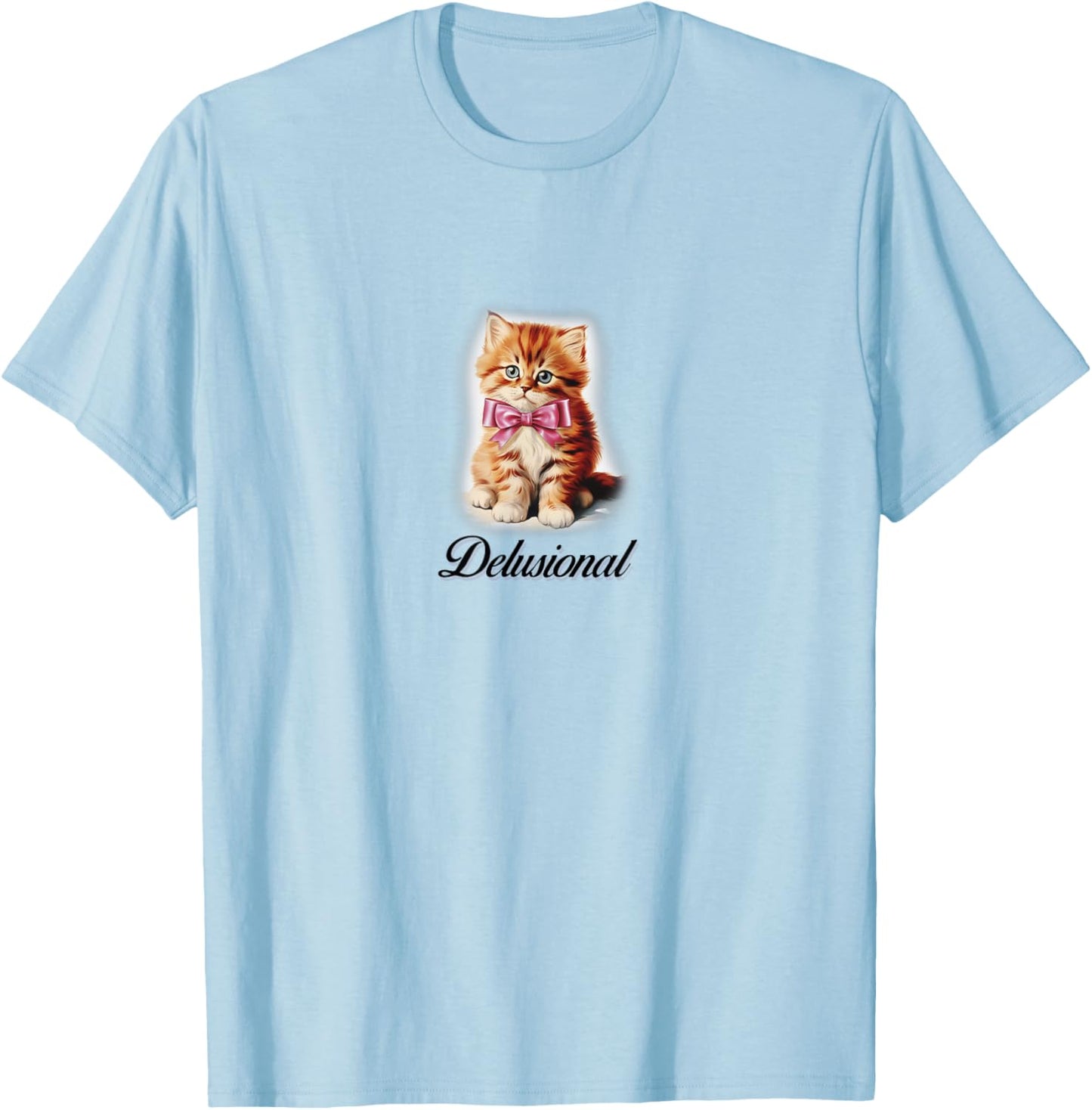 Delusional Coquette Kitten Pink Bow Ribbon Y2K Aesthetic T-Shirt - T-Shirt | Light Blue