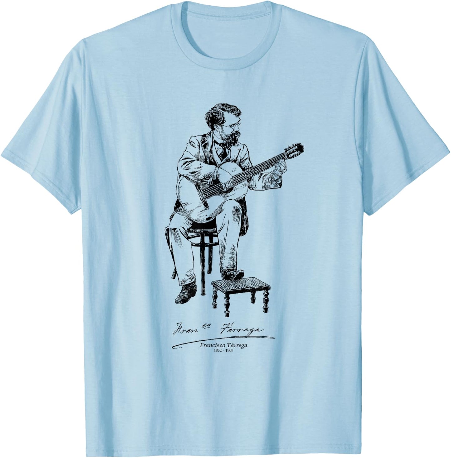Tfantasy Francisco Trrega Spanish Classical Guitar Music , -Adults, Grey, Small, Short Sleeve, Cotton Blend, Classic Fit, T Back, Round Neck, Casual T-Shirt - T-Shirt | Light Blue